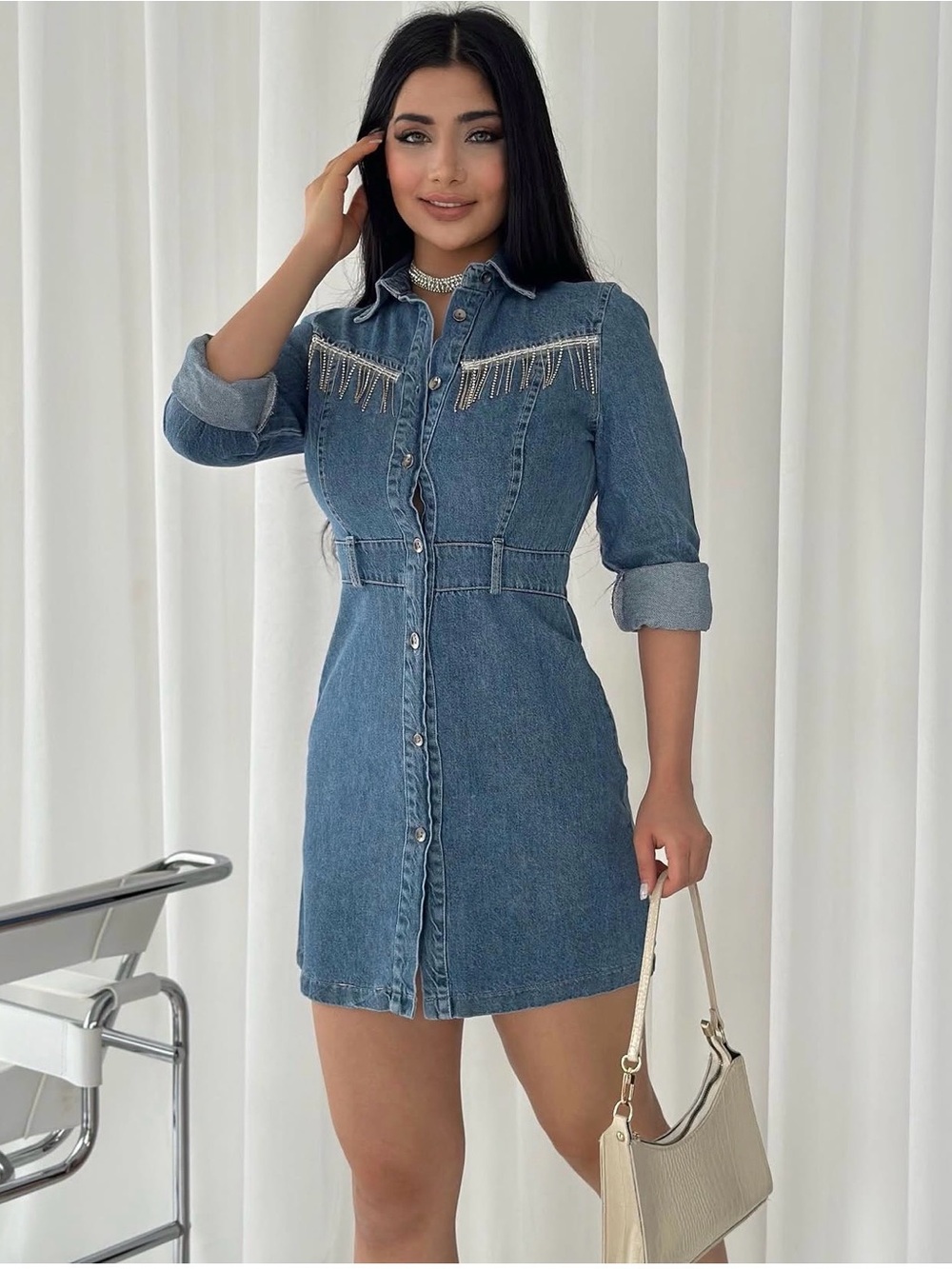 Fringed Denim Mini Shirt Dress in Blue